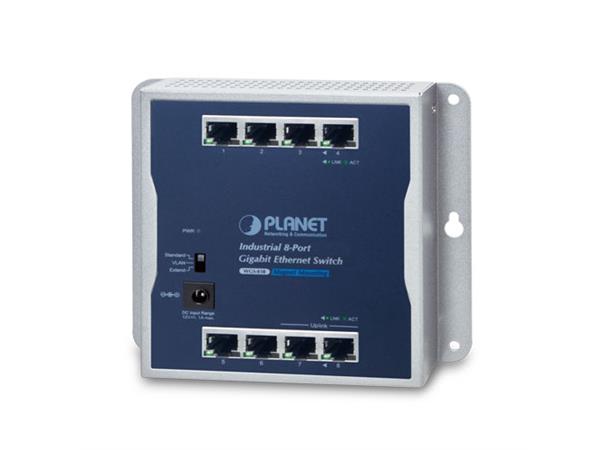 Planet Switch 8-p Gigabit Vegg Flat/Wall Industri IP30 12V 16Gbps 