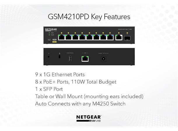 Netgear AV LineM4250-9G1F-PoE+ 8x1G PoE+ 110W 1x1G 1xSFP Man. Switch 