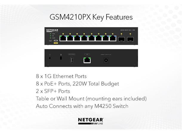 Netgear AV Line M4250-8G2XF-PoE+ 8x1G PoE+ 220W 2xSFP+ Managed Switch 
