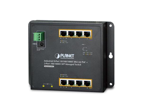 Planet Switch 8-p Gigabit 8xPoE+ 2xSFP Industri IP30 B200W Flat/Wall