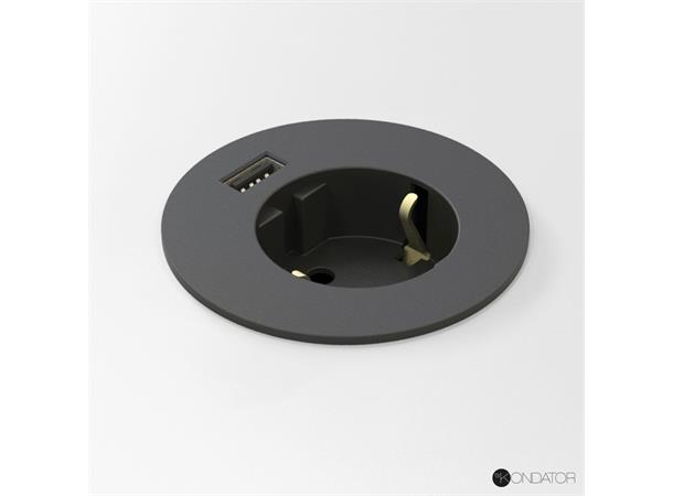 Kondator Powerdot MIDI - 1xStrøm 1xUSB Ø60mm Fast nivå 83mm Sort