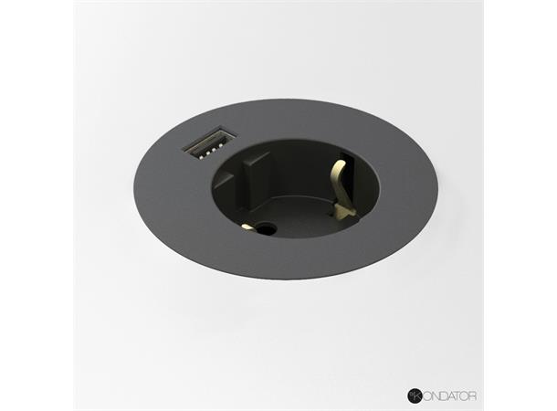 Kondator Powerdot MIDI - 1xStrøm 1xUSB Ø60mm Fast nivå 83mm Sort