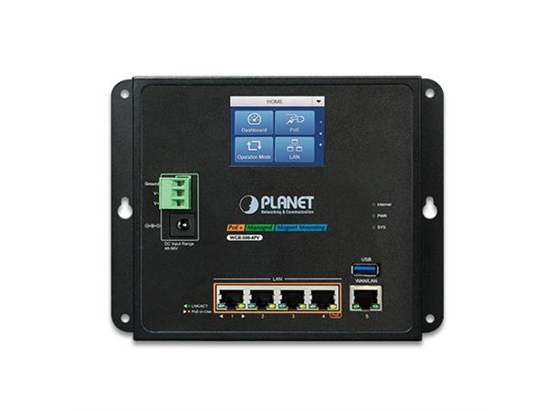 Planet GB 4-p Router PoE+ LCD Touch Veggmontert IPv6 IP30 USB Back-up 