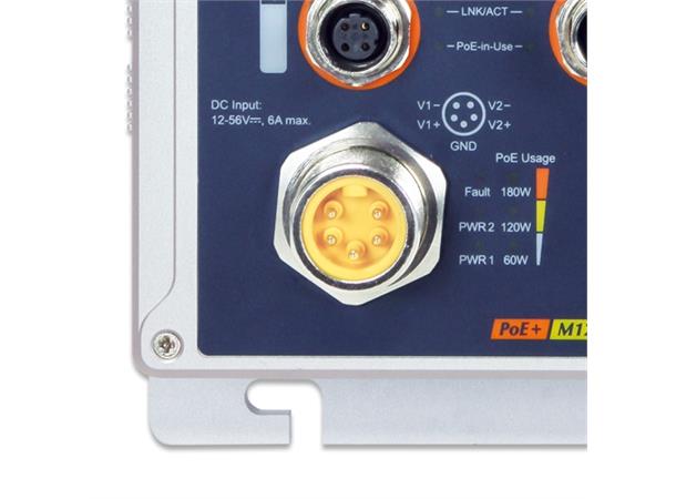 Planet Switch  8-p 10/100 M12 4xPoE+ Layer2 Industri IP67 DIN M12 RPS B60W 
