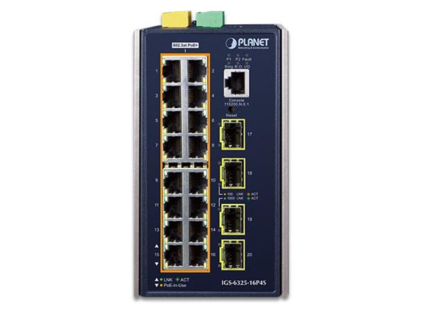 Planet Switch 16-p Gigabit 16xPoE+ 4xSFP Layer3 Industri IP30 DIN IPv6