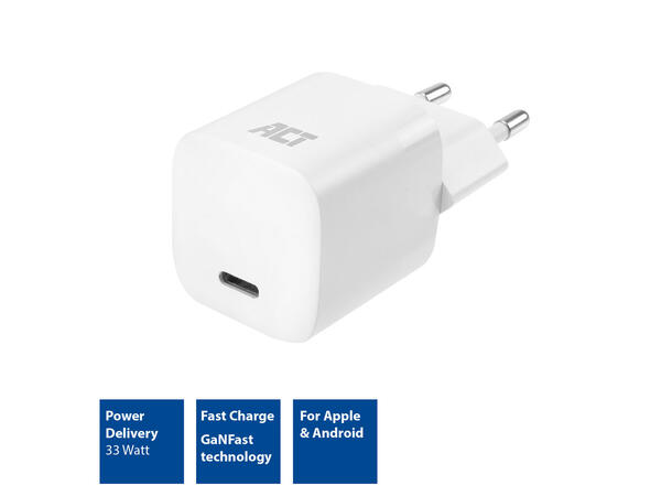 ACT Universal USB-C  lader 30W ¤ 1x USB-C 20V/ 1,67A, 30W Pwr Delivery 