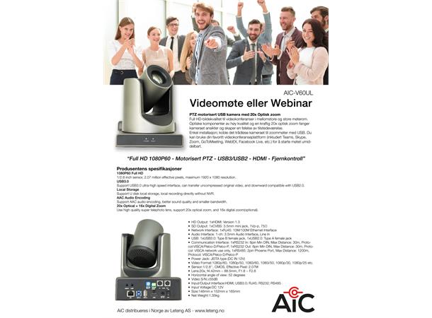 AiC PTZ Videokonf. kamera 1080p 20xZoom USB3.0 - HDMI - IPC - RS232