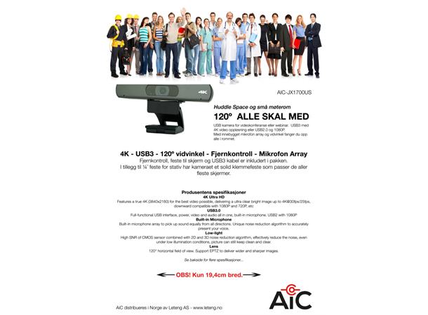 AiC Videokonf. kamera 4K@30 Med mikrofon - USB3.0- FOV:120grader