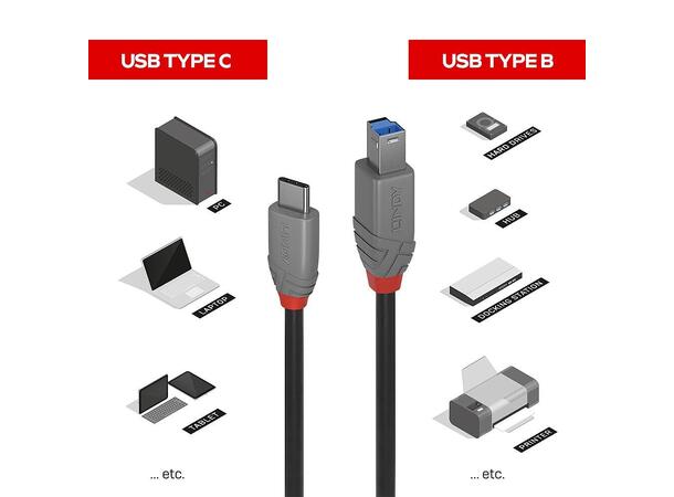 Lindy USB2 Kabel C-B -  0,5 m C-B  5Gbps USB Kabel Sort