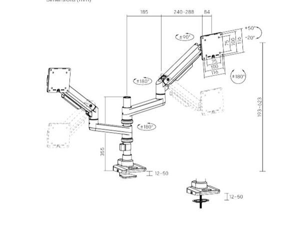 AiC Monitorarm Dobbel 2-20kg pr. skjerm Gassfjæret Skjermarm Sort 
