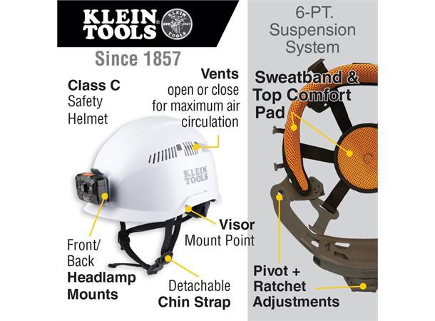 Klein Tool Arbeidshjelm med lampe Hvit Ventilert, capsbremm, oppladningsbar lys 