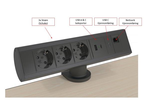 Kondator Axessline 3xStrøm1xData 1xUSB-C 1x USB A Sort