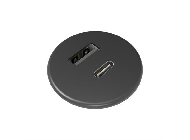 Kondator Powerdot MICRO Rund- USB-C/ A Ø30 1xUSB-C 1x USB A 3A Sort 1,5 m