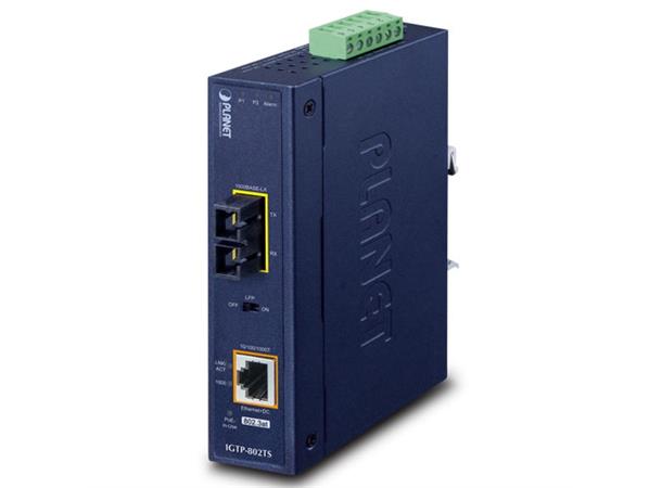 Planet Industri Mediakonverter, PoE+, SC Multimode 220m/550m  IP30 DIN -40 - 75C 