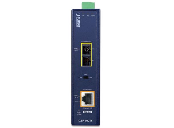 Planet Industri Mediakonverter, PoE+, SC Multimode 220m/550m  IP30 DIN -40 - 75C 