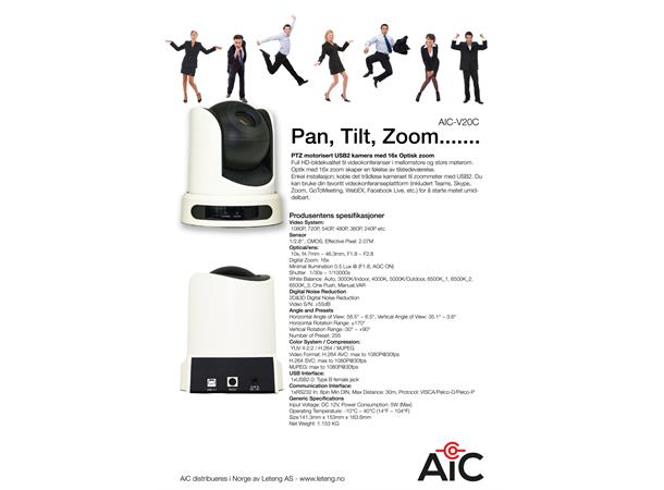 AiC PTZ Videokonf. kamera 1080p 16xZoom Med mikrofon - USB2.0 - RS232 *B-vare*