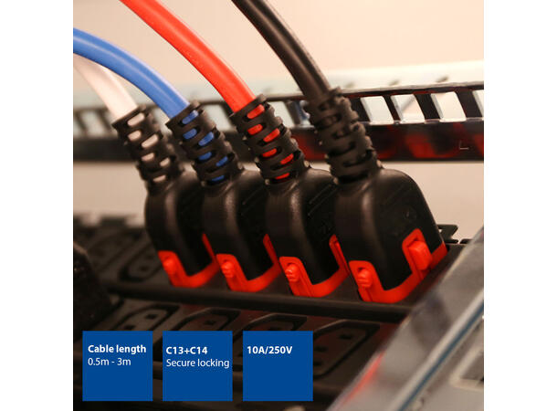 Strømkabel IEC Lock C13-C14, Sort- 3m C13 IEC Lock+ - C14 Dual IEC locking 