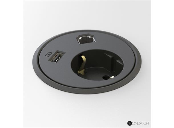 Kondator Powerdot 1xStrøm 1xData 1xUSB Wieland GST18®, 3 nivåer H89mm Sort