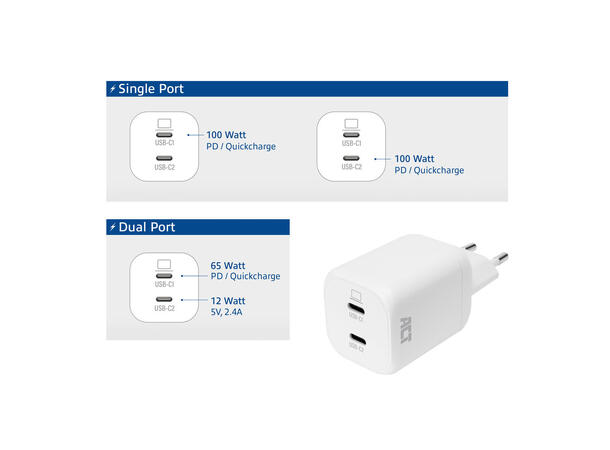 ACT AC2165 - 65W USB-C Lader, 2-Port PD PPS GaNFast