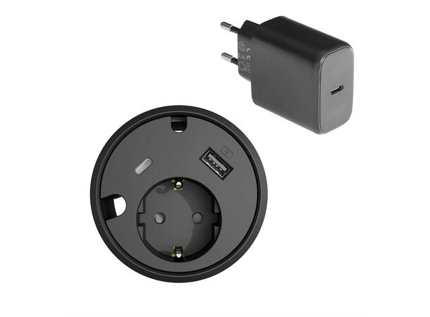 FF PD16 Kit 1xStrøm 1xUSB 1xUSB-C Schuko+ 65W adapter 2 hull Sort 