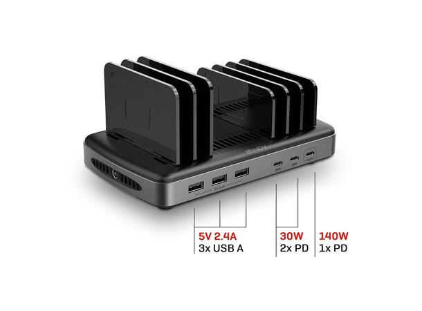 Lindy Ladestasjon USB 6-port 160W USB Docking Station 
