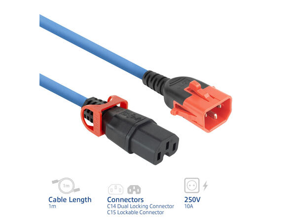 Strømkabel IEC Lock C14-C15, Blå- 1m C15 IEC Lock+ - C14 Dual IEC lck PC3870 