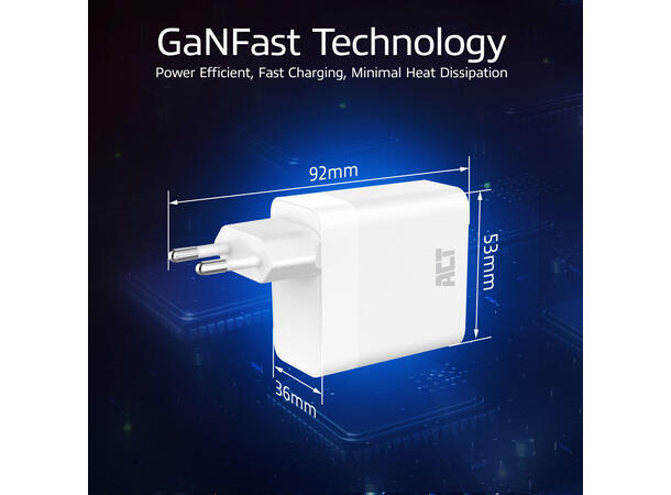 ACT AC2165 - 65W USB-C Lader, 2-Port PD PPS GaNFast
