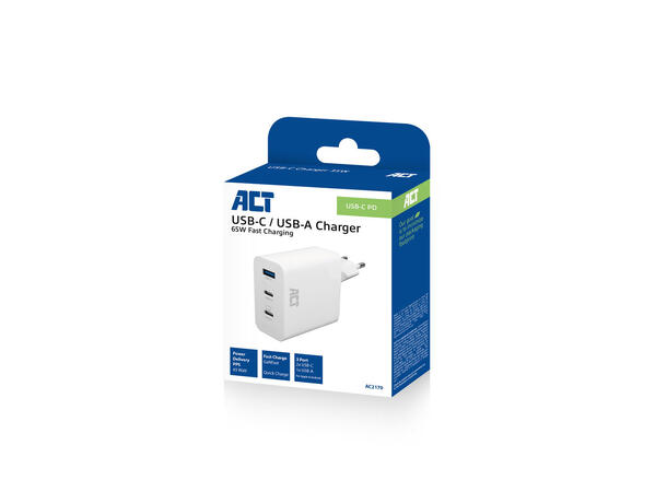 ACT AC2165 - 65W USB-C Lader, 2-Port PD PPS GaNFast