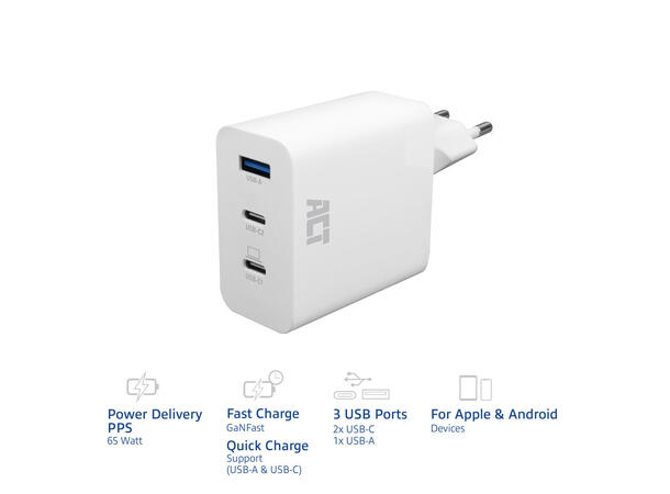 ACT AC2165 - 65W USB-C Lader, 2-Port PD PPS GaNFast