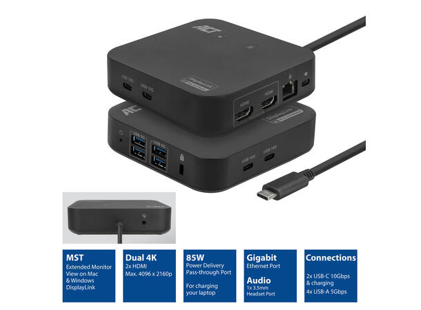 ACT USB-C 2xHDMI 4K Docking Station Displaylink 85W PD 