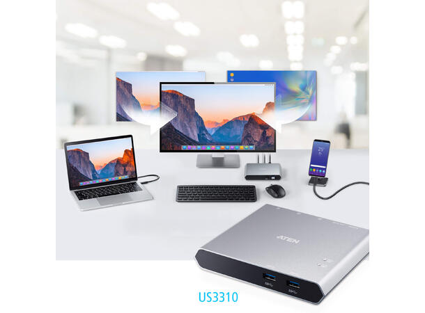Aten 2 x 2-Port USB 3.0 Dock Switch Power pass through, HDMI output *B-vare* 
