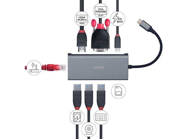 Lindy HUB 4K USB-C >3xUSB A 1x HDMI 1xVGA 1xRJ45 1xmicroSD 1xSD 