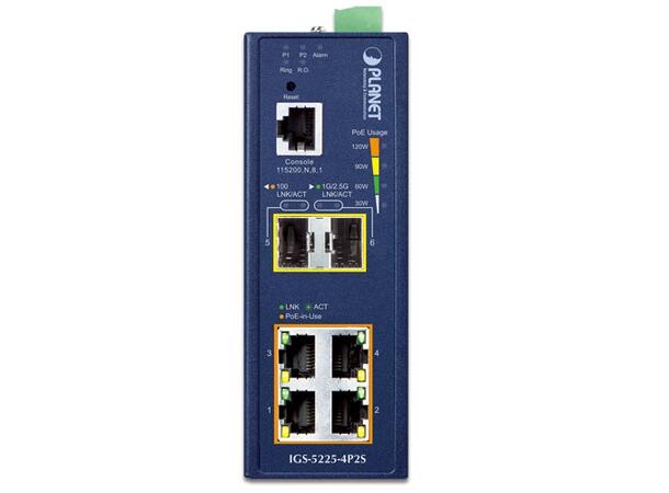 Planet Switch 4-p PoE+ 2xSFP Layer2+ Industri IP40 DIN 