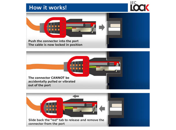 Strømkabel IEC Lock C14-C15, Rød- 2m C15 IEC Lock+ - C14 Dual IEC lck PC3869 