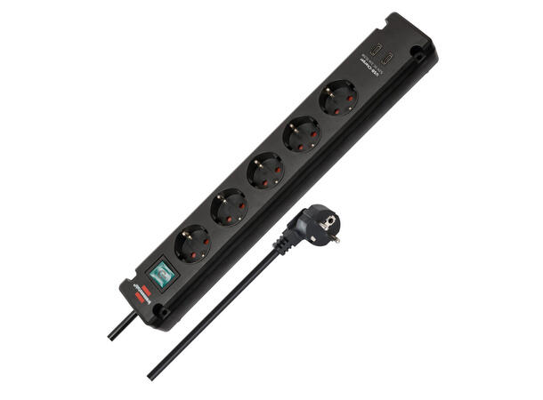 Strømfordeler-5 + USB - 3,0 m m/Bryter PDU 16A SCHUKO ON/OFF 2x USB-C 15W 