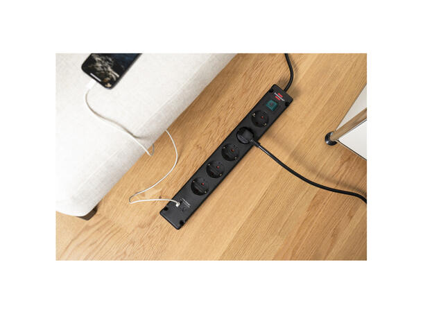 Strømfordeler-5 + USB - 3,0 m m/Bryter PDU 16A SCHUKO ON/OFF 2x USB-C 15W 