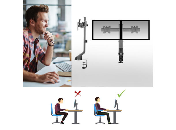 ACT Bordfeste - 2x skjerm 27" Sort Gassfjæring Justerbar høyde Maks 6kg 
