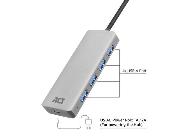 ACT Adapter USB Hub 4xUSB-A 12 cm USB3.2 5Gbps Sølv 