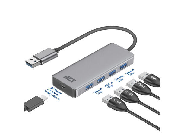 ACT Adapter USB Hub 4xUSB-A 12 cm USB3.2 5Gbps Sølv 
