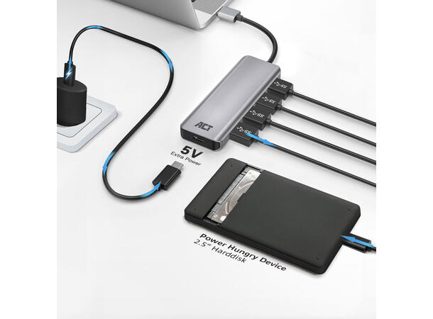 ACT Adapter USB Hub 4xUSB-A 12 cm USB3.2 5Gbps Sølv 