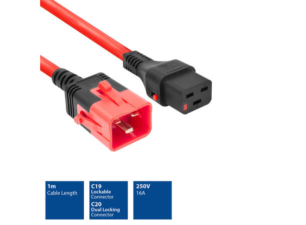 Strømkabel IEC Lock C19-C20, Rød- 1m C19 IEC Lock+ - C20 Dual IEC lck PC3633 