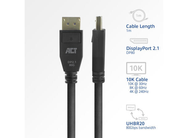 ACT DisplayPort Kabel 8K - 2,0 m DP2.1 - 4K@240Hz 8K@60Hz 10K@30Hz-80Gbps 