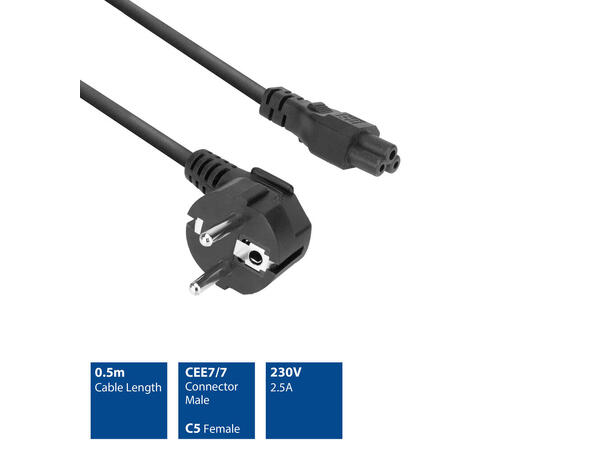 Strømkabel C5 SCHUKO -  0,5 m Vinklet Schuko CEE 7/7 vinklet Hann - C5 Hann 