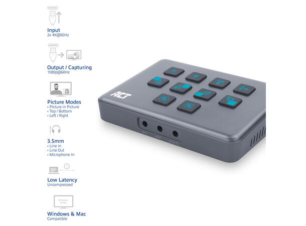 ACT - Dual-HDMI Video Capture Switch 4K USB-C mot PC- HDMI og analog lyd inn 