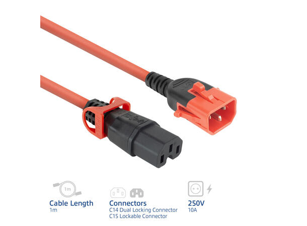 Strømkabel IEC Lock C14-C15, Rød- 1m C15 IEC Lock+ - C14 Dual IEC lck PC3869 