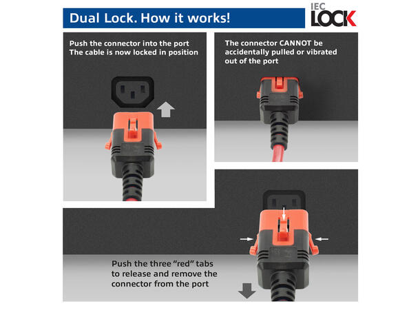 Strømkabel IEC Lock C14-C15, Rød- 1m C15 IEC Lock+ - C14 Dual IEC lck PC3869 